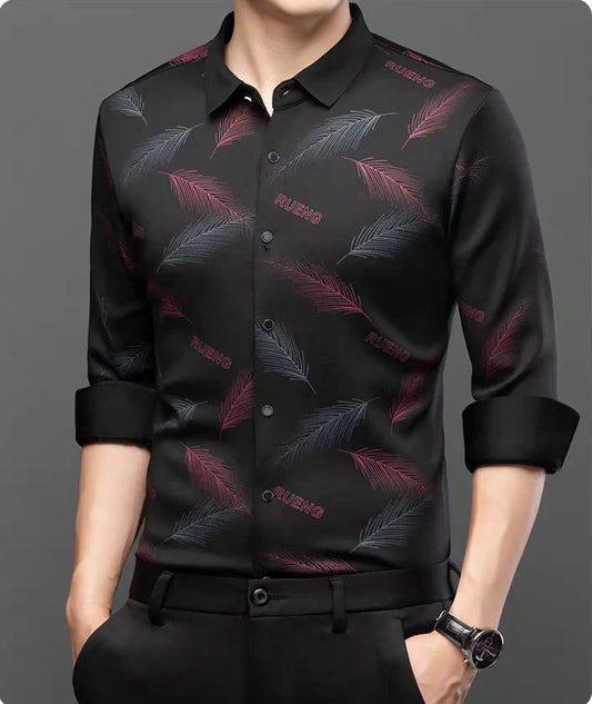 Feather Print Button-Front Shirt