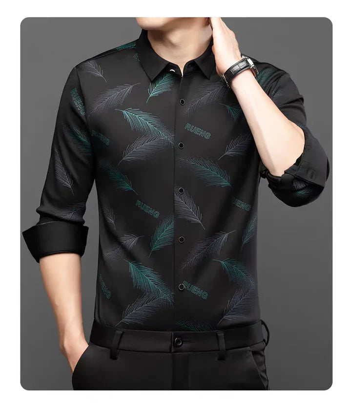 Feather Print Button-Front Shirt