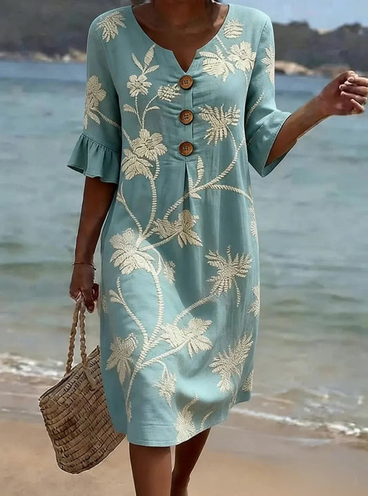 Women’s Floral Cotton Linen Button Midi Dress