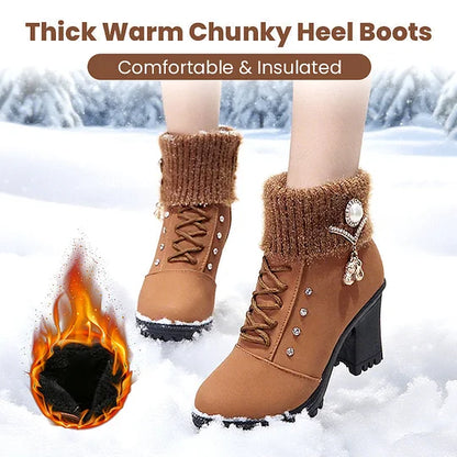 Women’s Warm Chunky Heel Crystal Trim Ankle Boots