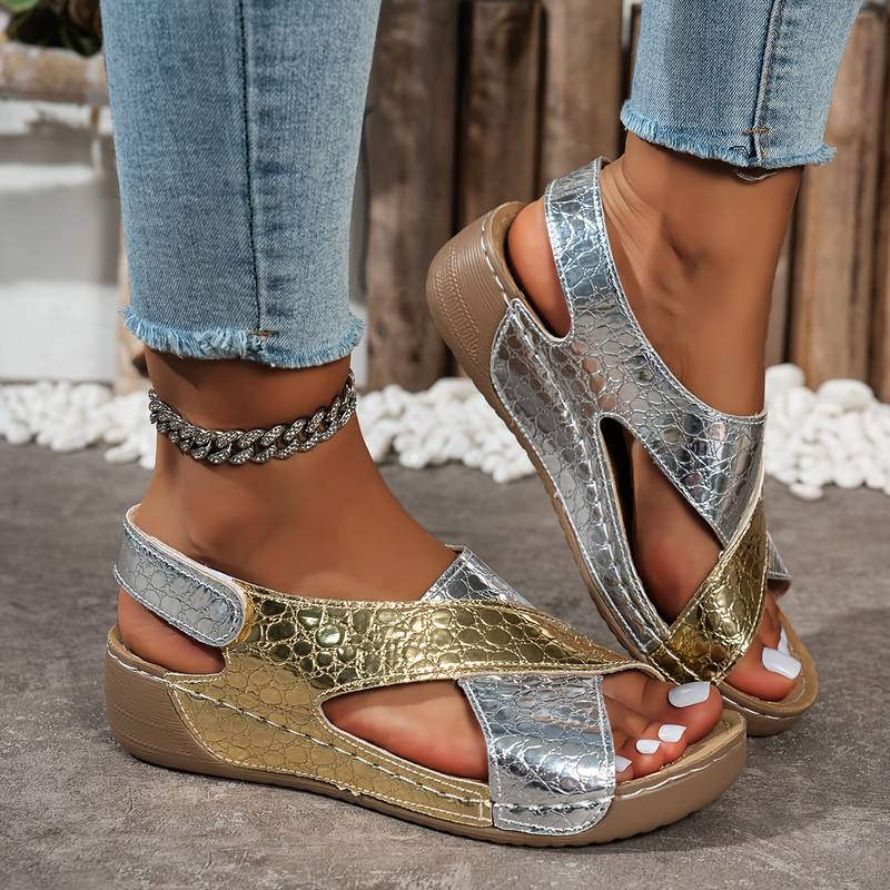 Women’s Metallic Snake-Print Wedge Sandals with Adjustable Strap
