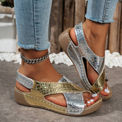 Women’s Metallic Snake-Print Wedge Sandals with Adjustable Strap