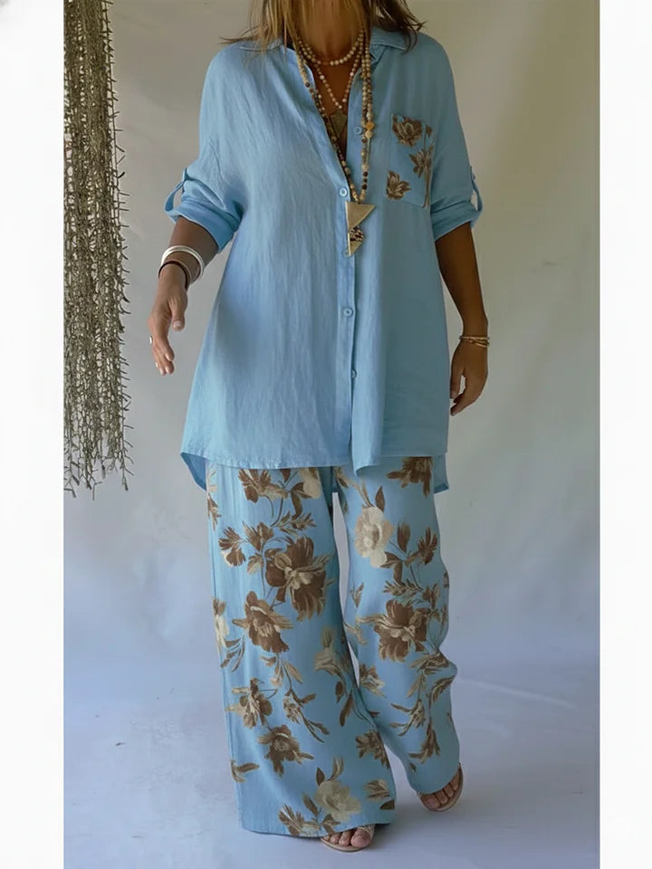 Women’s Casual Floral Linen Cotton Shirt & Trousers Set