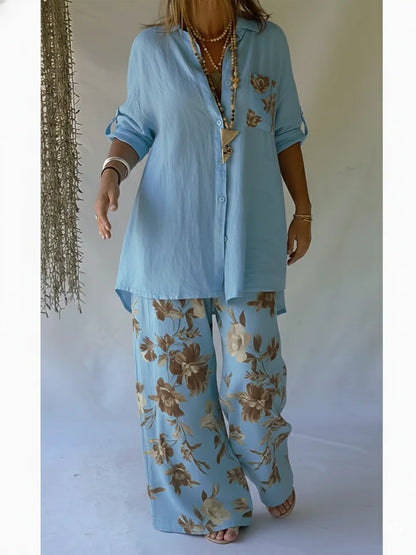 Women’s Casual Floral Linen Cotton Shirt & Trousers Set
