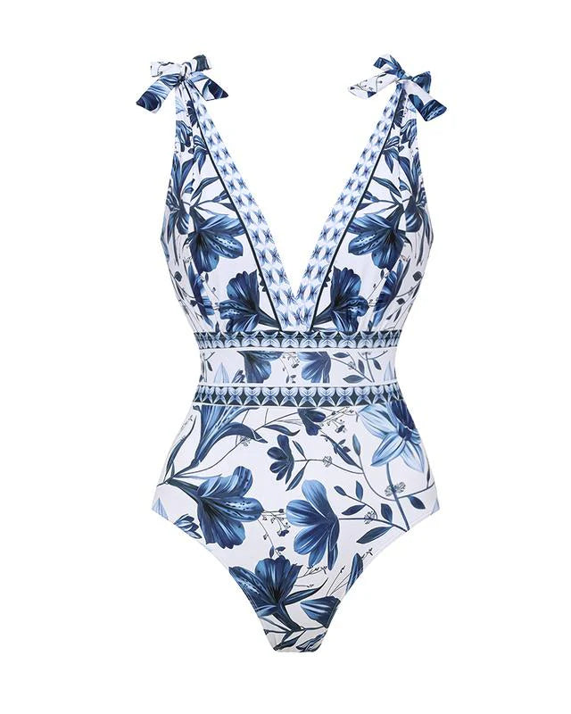 Women’s Blue Print V-Neck One-Piece Swimsuit with Matching Cover Skirt