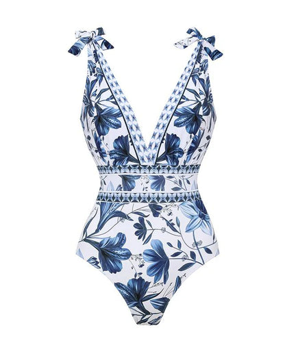 Women’s Blue Print V-Neck One-Piece Swimsuit with Matching Cover Skirt