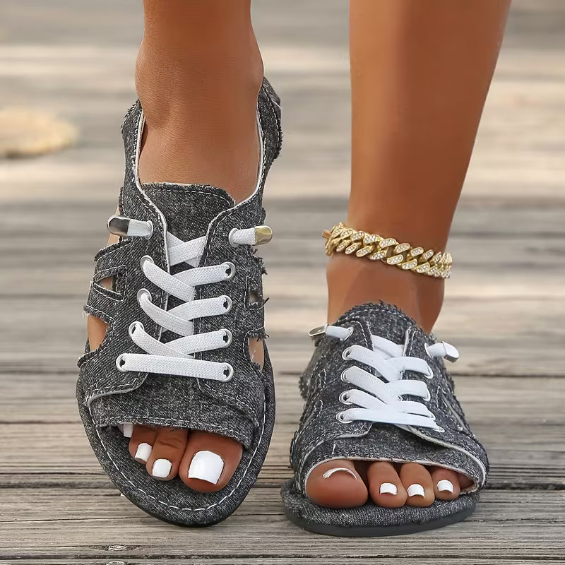 Women’s Denim-Look Lace-Up Flat Sandals