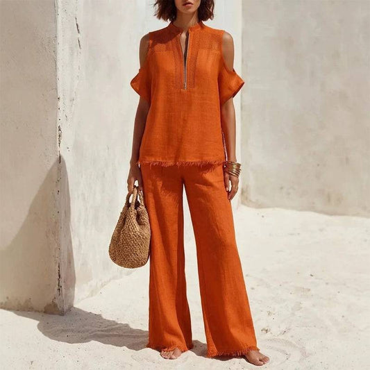 Women's Cut-Out Shoulder Top and Wide-Leg Trouser Set