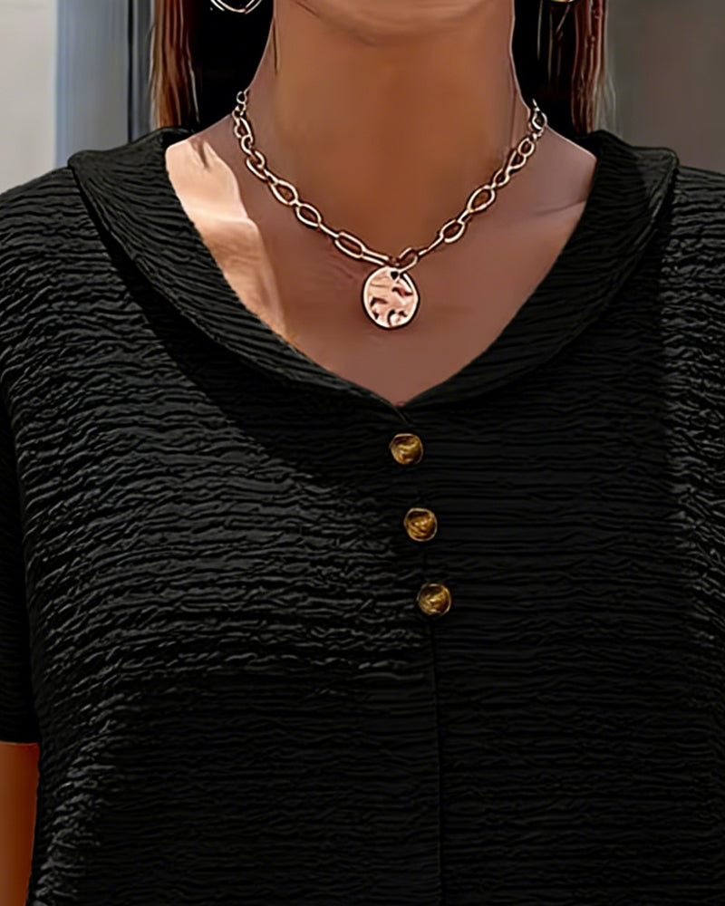 Women’s Textured V-Neck Button Detail Casual T-Shirt