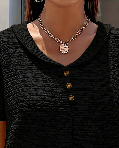 Women’s Textured V-Neck Button Detail Casual T-Shirt