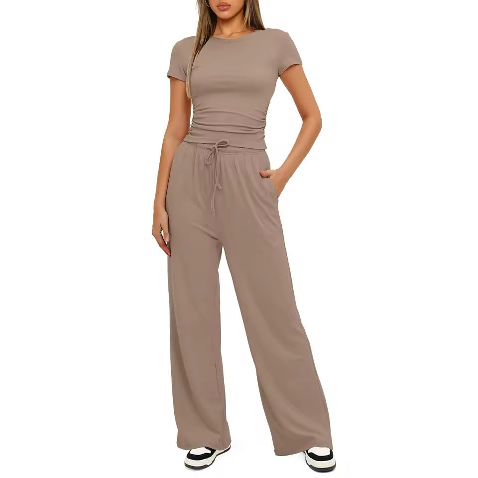 Women's Summer Ruched Top & Wide-Leg Pants Set