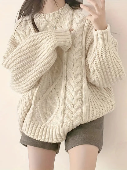 Solid Cable Knit Crew Neck Sweater - Women's Long Sleeve Pullover