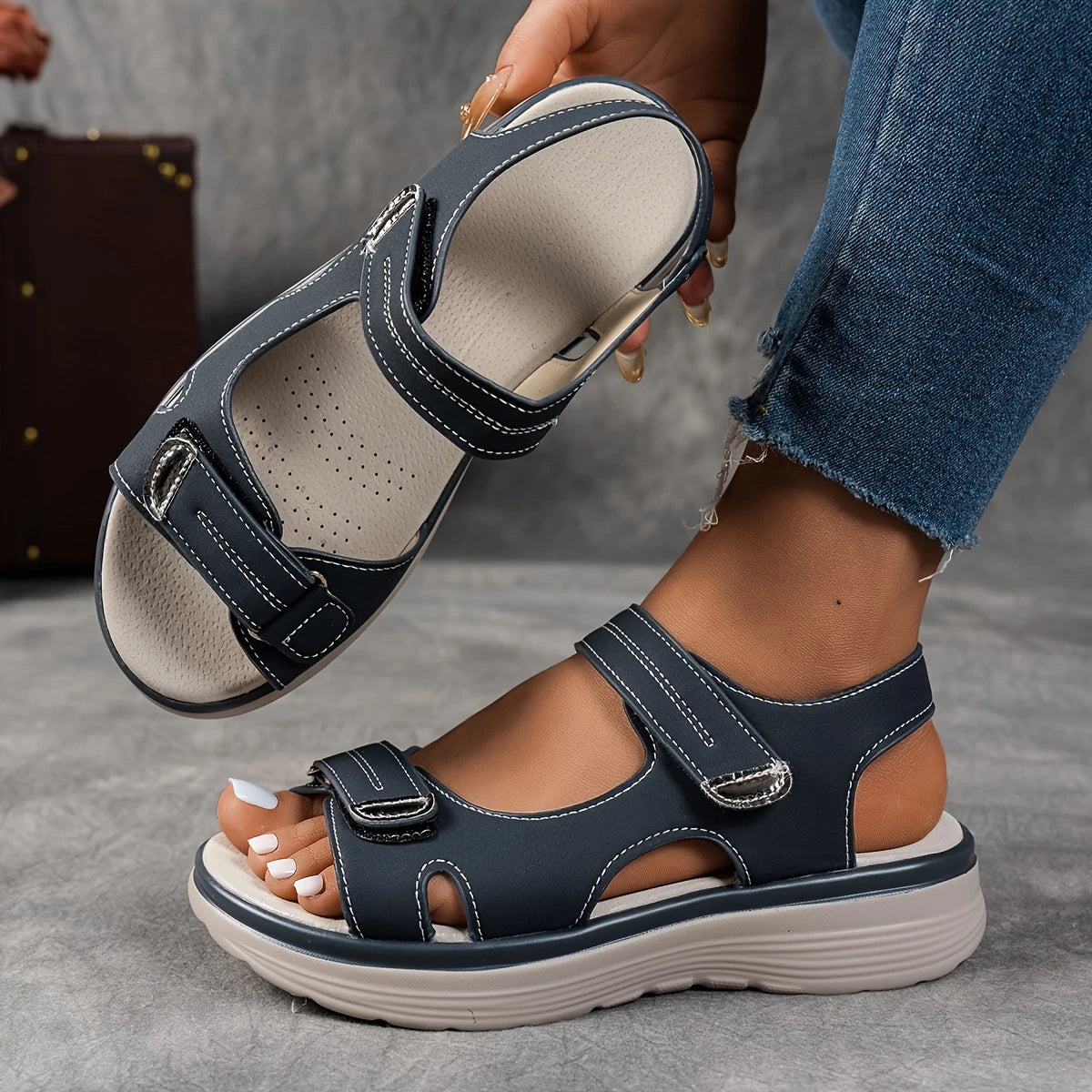 Women's Black Platform Wedge Sandals - Strappy Summer Slides