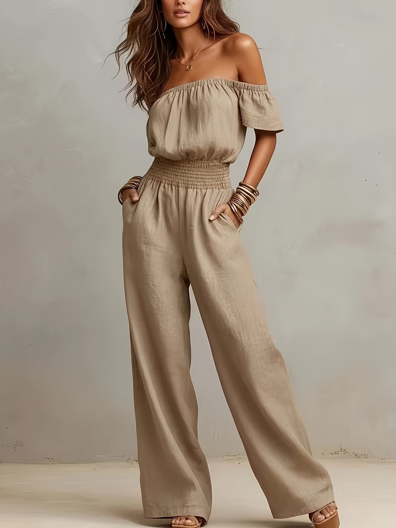 Vintage Off-Shoulder Wide-Leg Jumpsuit