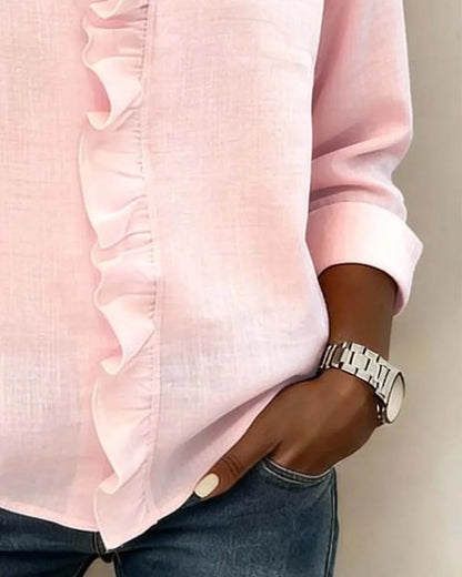 Women’s V-Neck Ruffle Cotton Blend Blouse with Long Sleeves