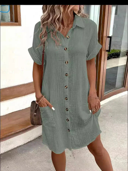 Women's Buttoned Short Sleeve Pocket Casual Shirt Dress