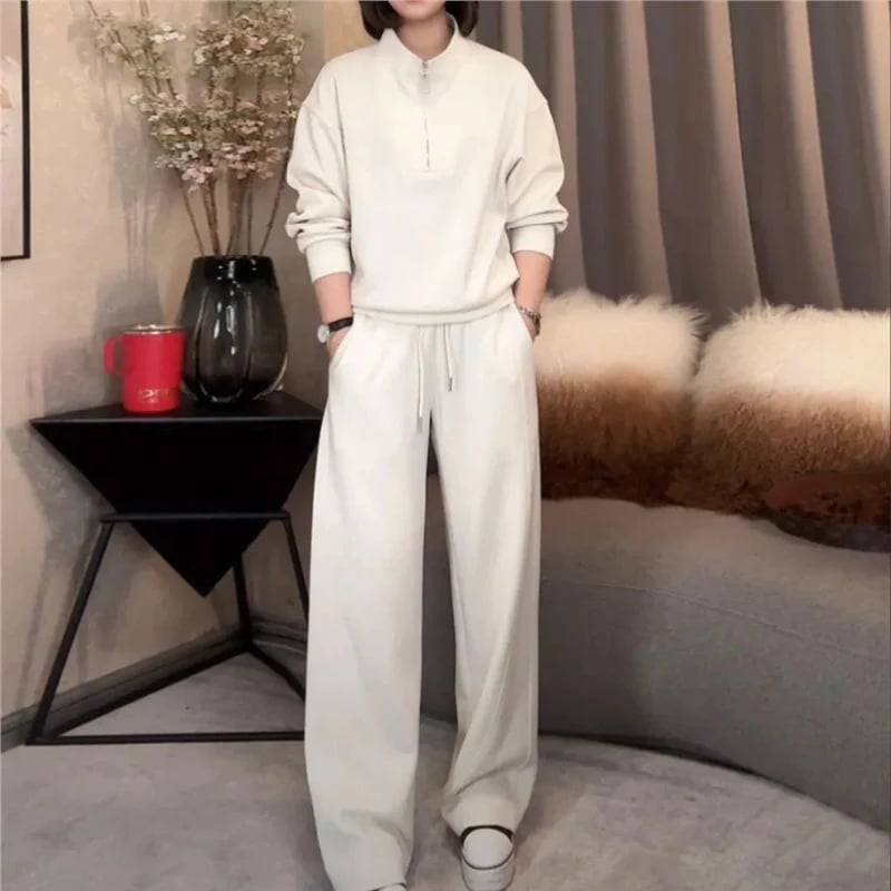 Women’s Cropped Half Zip Sweatshirt And Wide Leg Trousers Set
