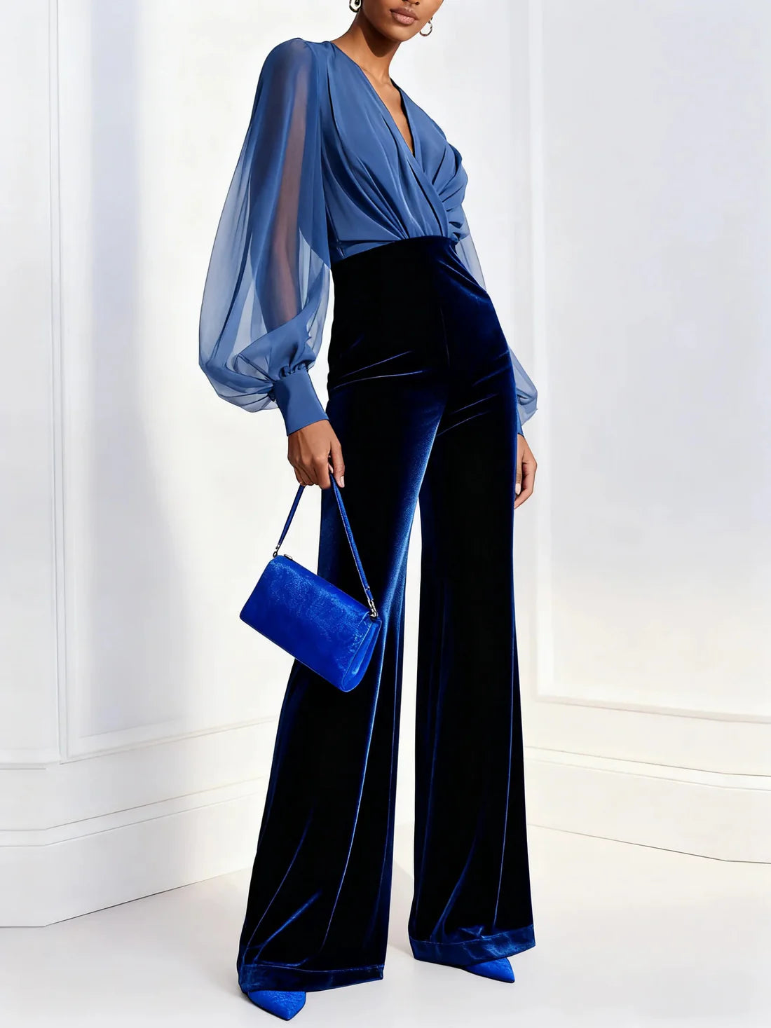 Women’s Velvet V Neck Mesh Panel Jumpsuit