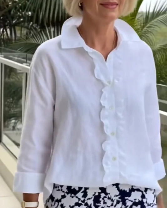 Women’s Plain Ruffle-Front Collar Blouse with Long Sleeves