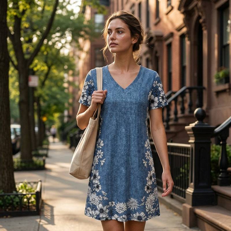 Women’s Denim-Print Floral V-Neck Dress