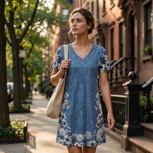 Women’s Denim-Print Floral V-Neck Dress