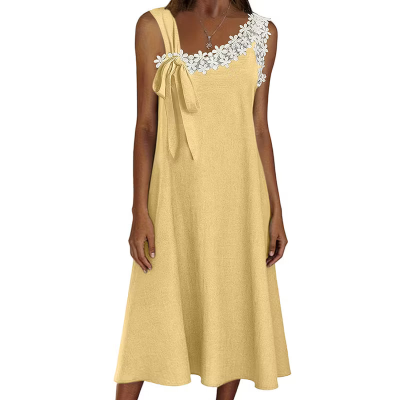 Women’s Floral Lace Trim Bow-Shoulder Midi Dress