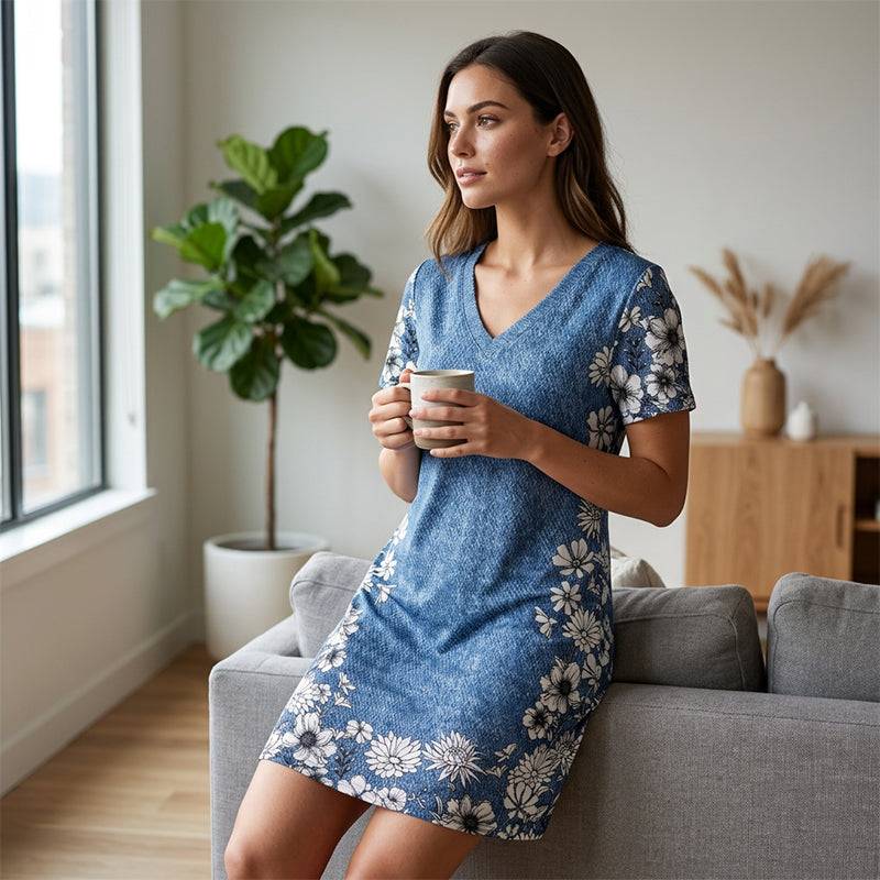 Women’s Denim-Print Floral V-Neck Dress