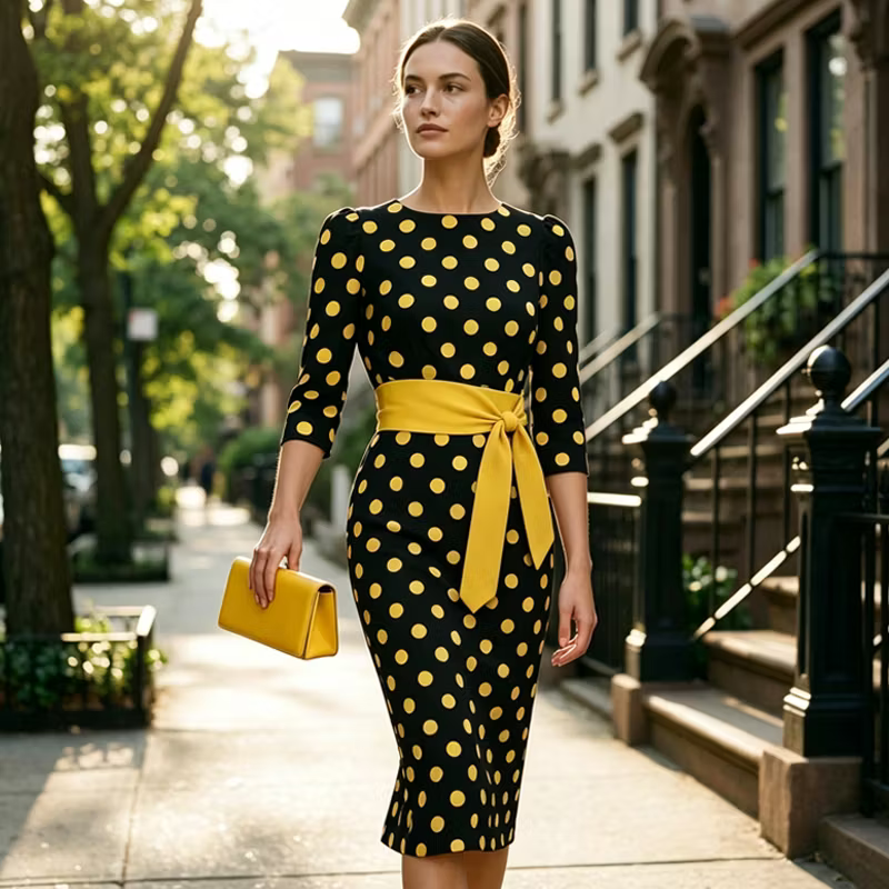 Women’s Polka Dot Belted Midi Dress