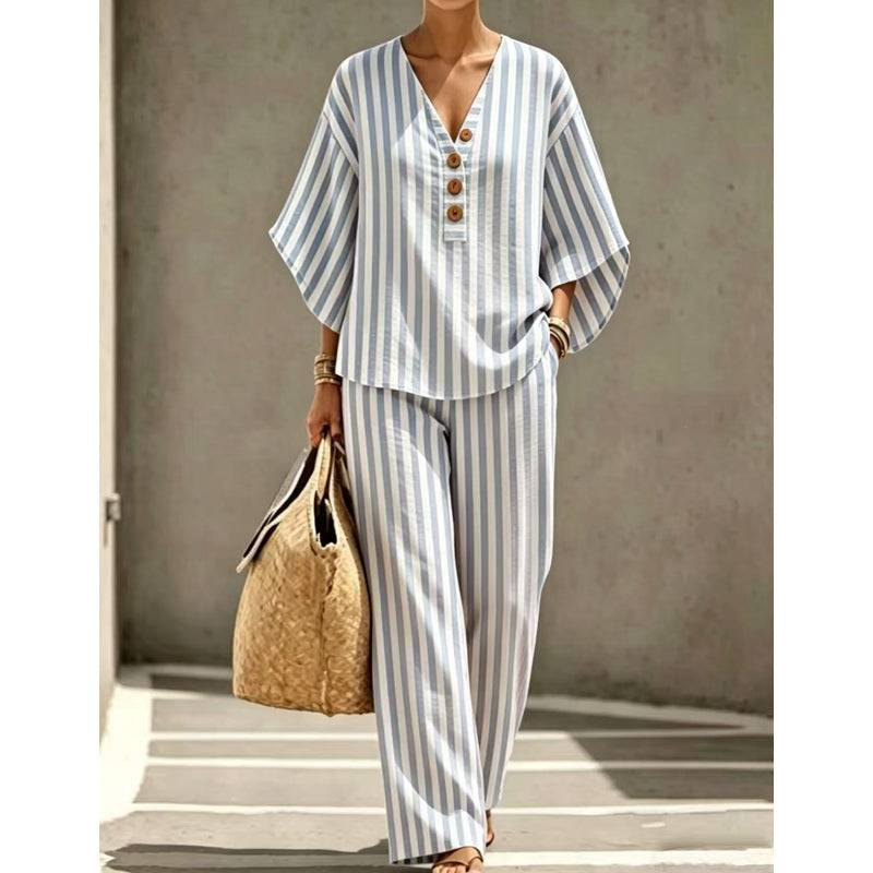 Women's Striped V-Neck Trousers Set