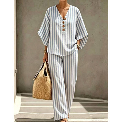Women's Striped V-Neck Trousers Set