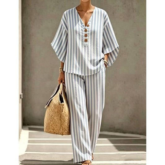Women's Striped V-Neck Trousers Set