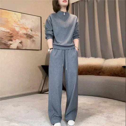 Women’s Cropped Half Zip Sweatshirt And Wide Leg Trousers Set