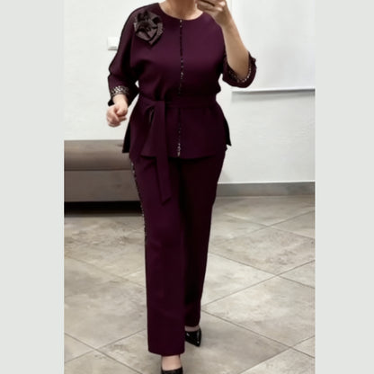 Women’s Leopard-Trim Belted Wide-Leg Suit Set