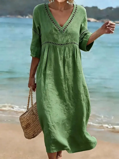 Women’s V-Neck Cut-Out Detail Cotton Linen Midi Dress