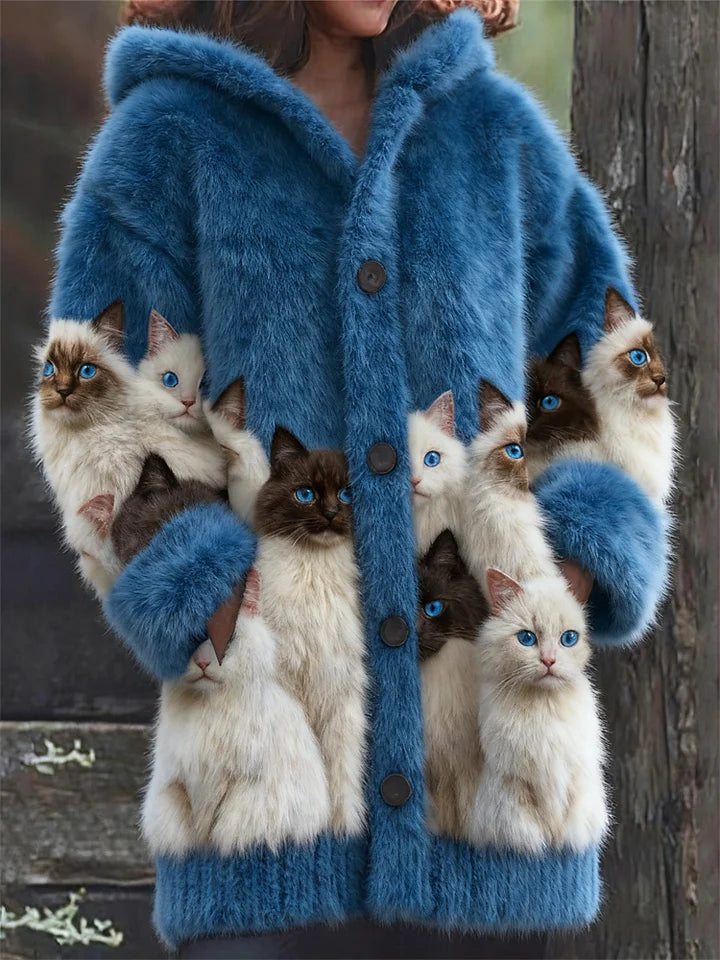 Women’s Fluffy Cat Print Hooded V-Neck Knit Jumper