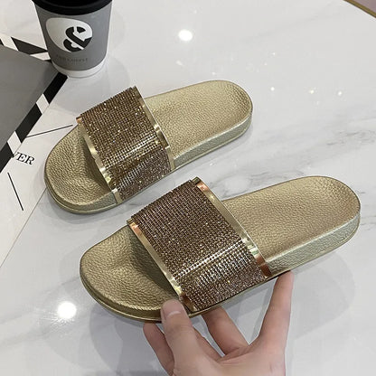 Women’s Rhinestone Patent-Effect Thick-Soled Slide Slippers