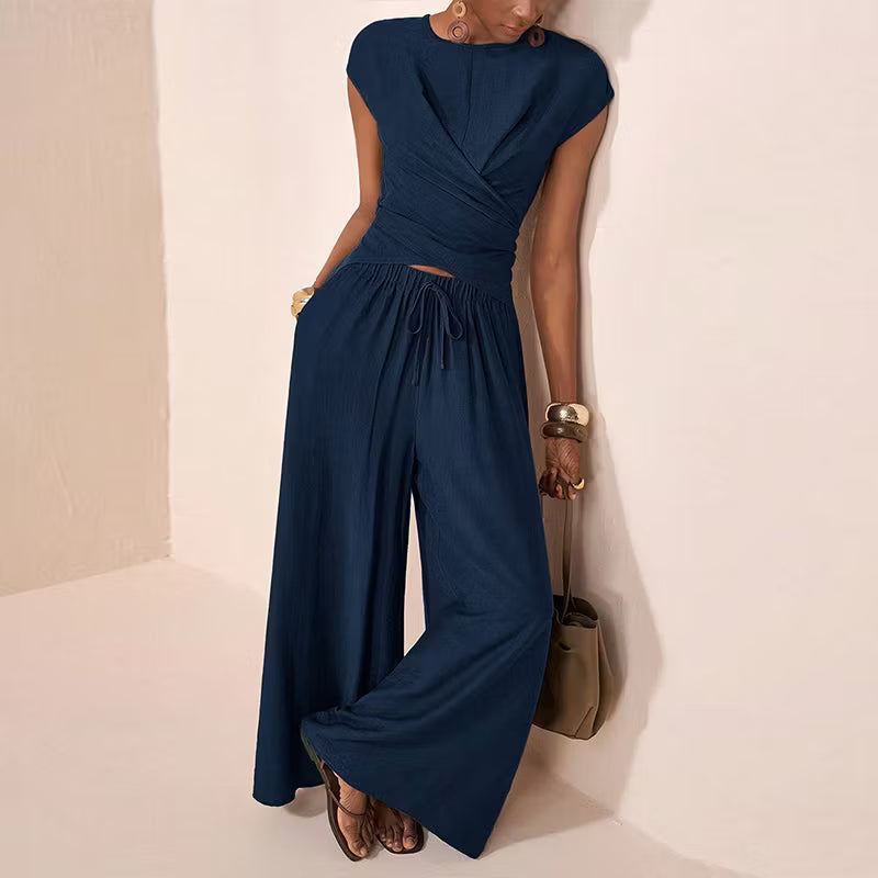 Women's Crossover Top and Wide-Leg Trouser Set