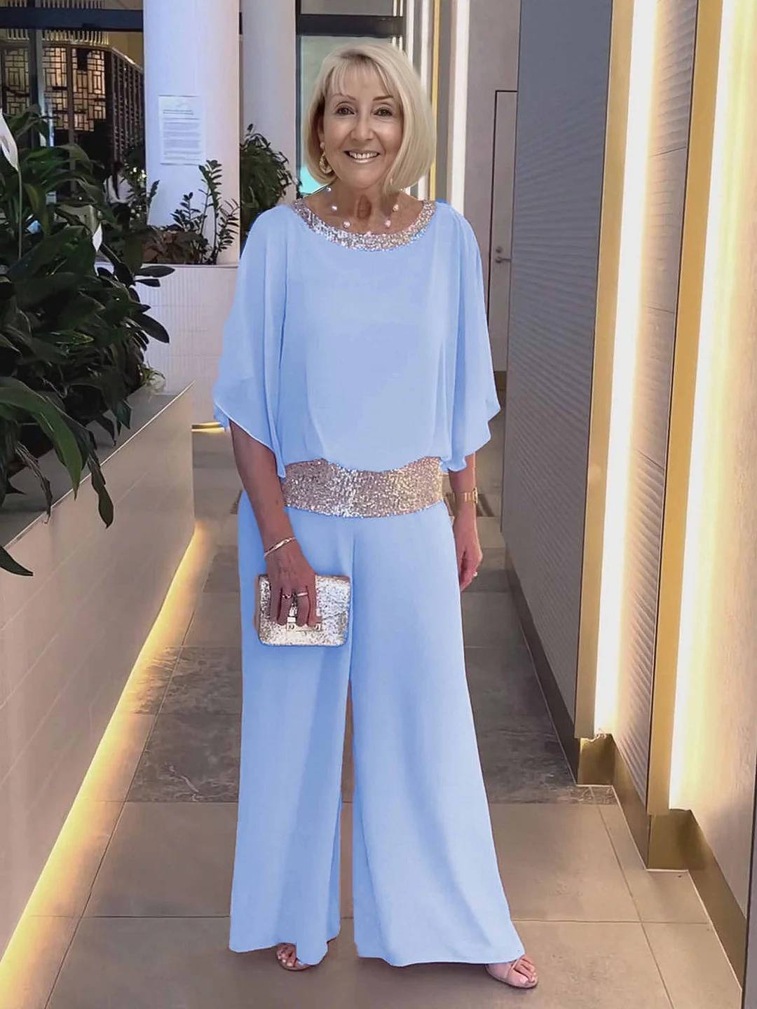 Women’s Shimmer Sequin Tunic and Wide Leg Two Piece Set