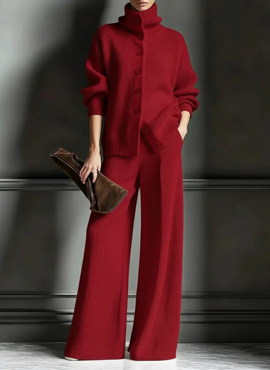 Women’s Luxe Ribbed Funnel-Neck Cardigan & Wide-Leg Knit Set