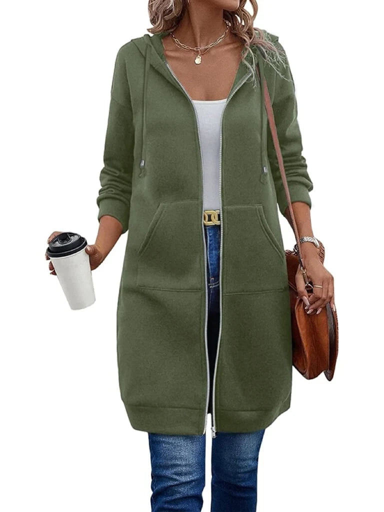 Women's Long Fleece Hooded Zip-Up Top