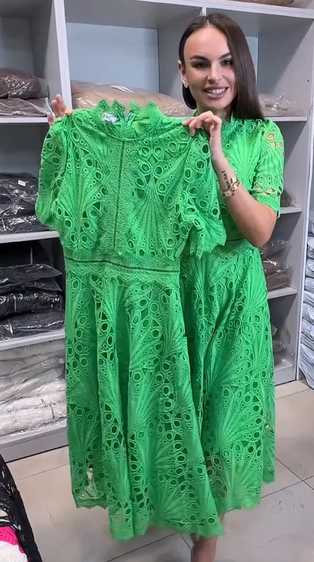 Women’s Lace Cut-Out Short Sleeve High-Neck Dress