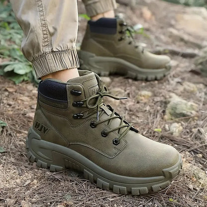 (🤜Work Hard For 5+ Years) Men Leather-Look Motorcycle Boots Waterproof Non-Slip Anti-Puncture Anti-Sprain Hiking Work Boots