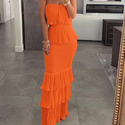 Women's Strapless Tiered Ruffle Maxi Dress
