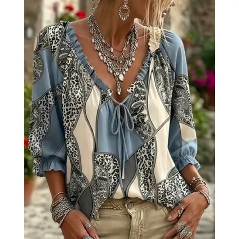 Women's Leopard Lace Up Puff Sleeve Blouse