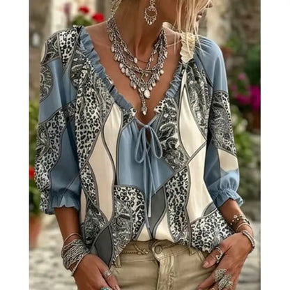 Women's Leopard Lace Up Puff Sleeve Blouse