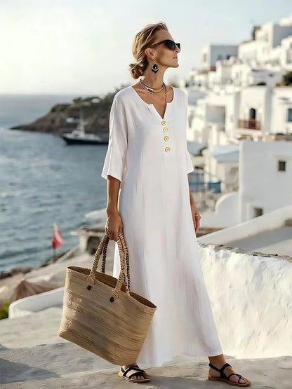 Women’s Relaxed V-Neck Button Detail Midi Dress