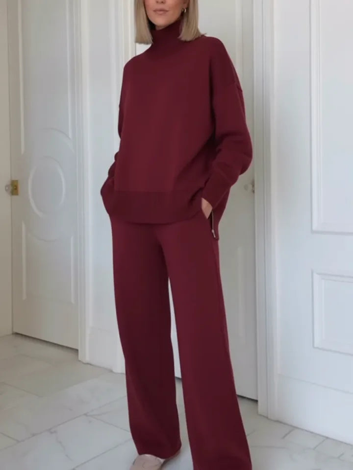 Women’s Stand-Collar Side-Zip Travel Top & Straight-Leg Trousers Set