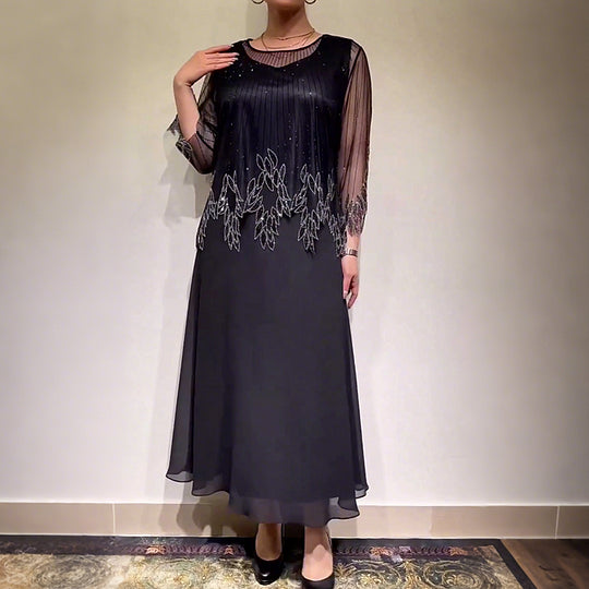 Women’s Shimmer Overlay A-Line Midi Dress with Sheer Sleeves