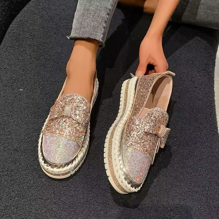 Women's Sequin Bow Loafers - Platform Flats in Wine Red
