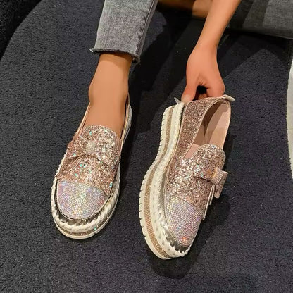 Women's Sequin Bow Loafers - Platform Flats in Wine Red